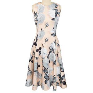 Calvin Klein Peach & Gray Floral Neoprene Fit & Flare Party Dress | Size 2